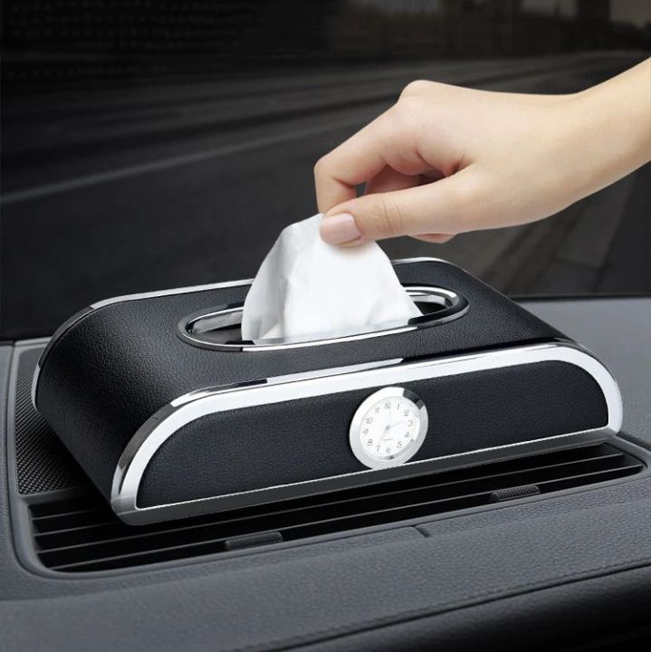 Car clock car tissue Box Luxury PU Leather Auto Paper Box Holder Cover Case Tray for Home Office Automotive
