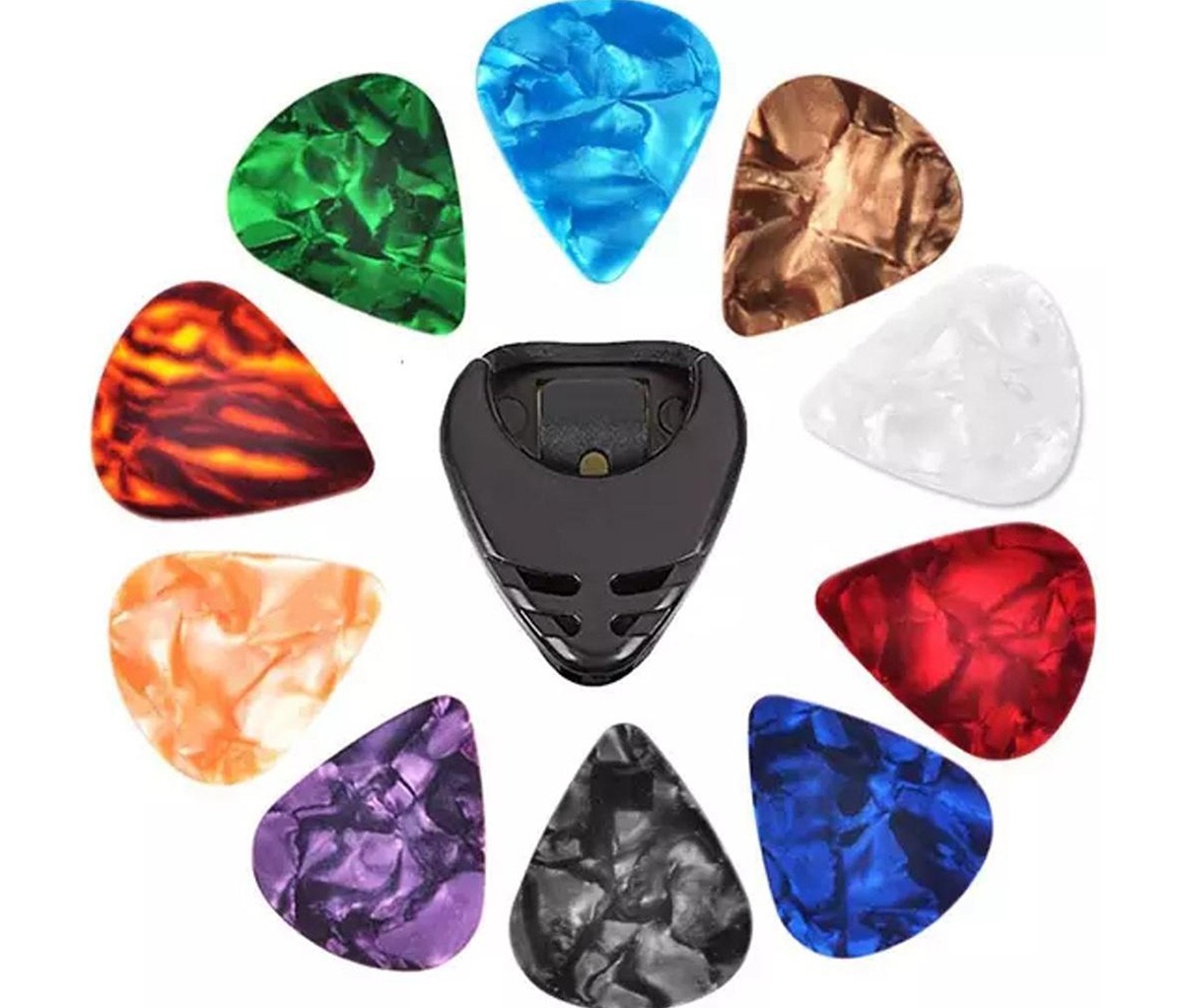 10Pcs Guitar Picks & Guitar Pick Holder Set for Acoustic Guitar Electric Guitar Bass Ukulele Stick-on Holder Random Color
