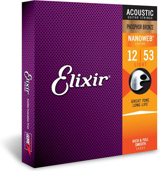 Elixir 16052 Phosphor Bronze Acoustic Guitar Strings w NANOWEB Coating, Light .012-.053