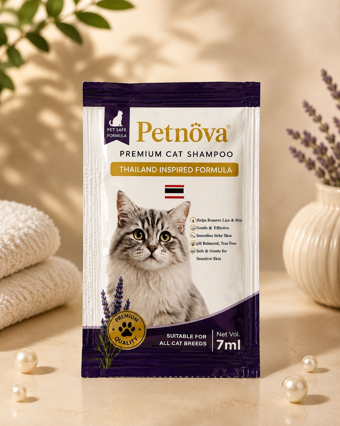 Petnova Premium Cat Shampoo Sachet (7ml) - Thailand-Inspired, pH Balanced & Tear-Free Formula for All Breeds
